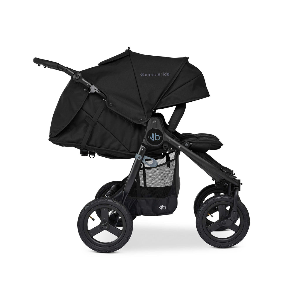
                        
                          Bumbleride Indie Twin Stroller in Black - Premium Black Frame - Reclined. Collection 2022.
                        
                      