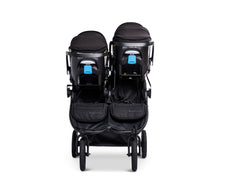 Bumbleride Indie Twin double stroller in Black with DUAL Clek Liing Infant Car Seats Attached - Front View